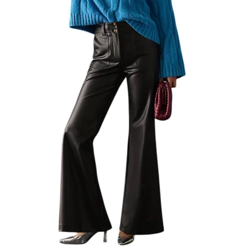 Anthropologie Maeve the Naomi Faux Leather Wide-Leg Flare Pants Black US 8